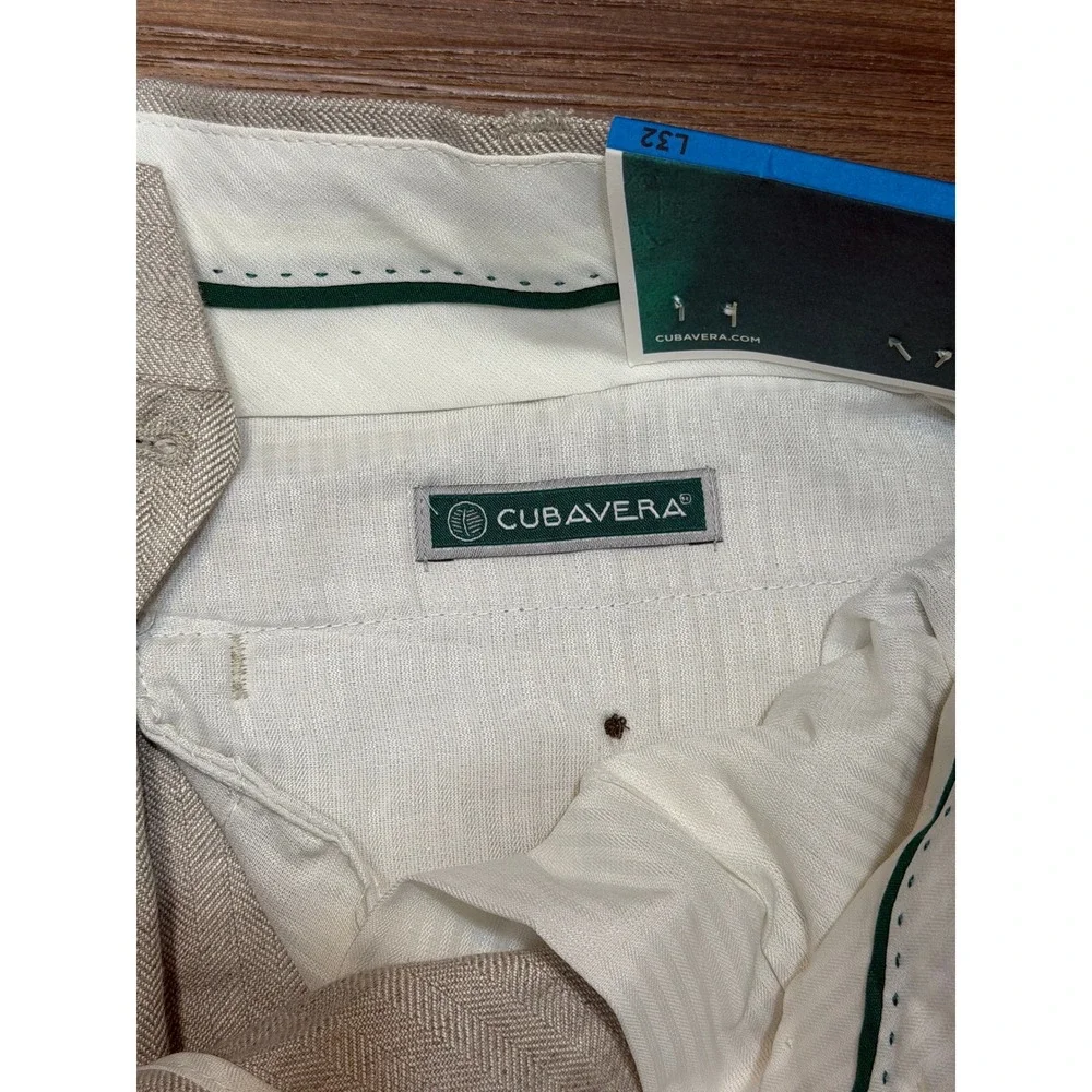 Cubavera Men's Linen Blend Flat Front Herringbone Pants Beige Sz 36x32 NWT